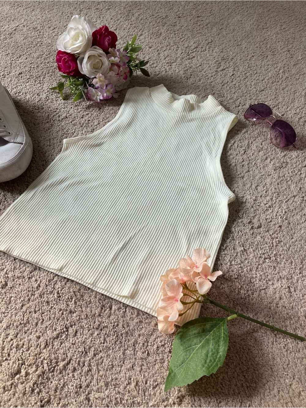 Ribbed Mock Neck Muscle Tank Top - Ivory